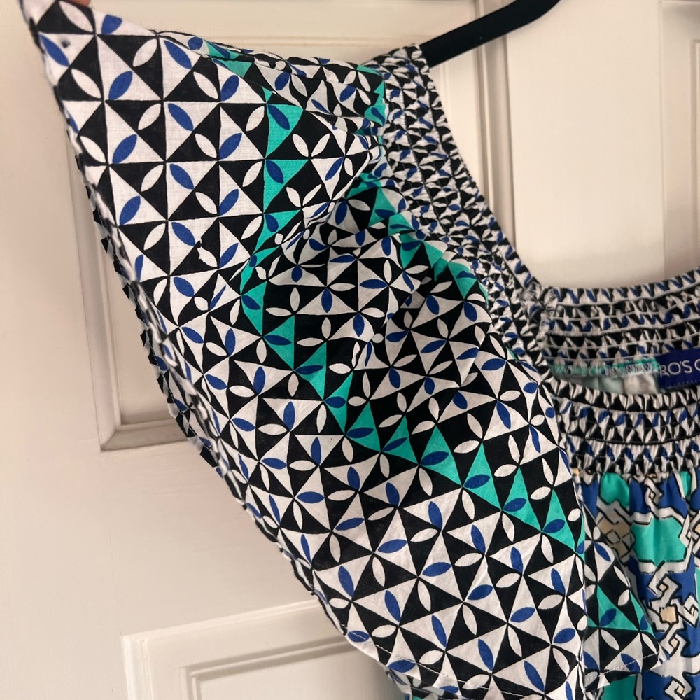 Ro’s Garden Blue & Green Geometric Print Dress – Ruffle Sleeve – Size Small - Picture 3 of 7
